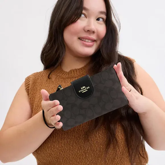 NWT Coach Phone Wallet In Signature Canvas Walnut - Picture 5 of 8